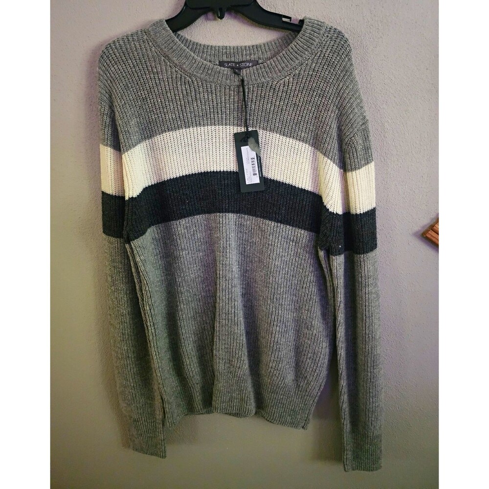 Slate & Stone Mens Knit Crewneck Pullover Wool Blend Sweater Striped Gray L NWT